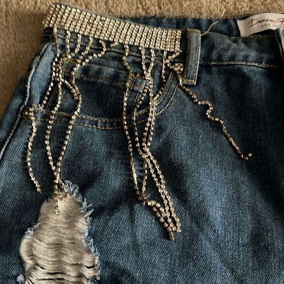 Denim Boulevard frayed cut off shorts with rhinestones at the top front - Picture 3 of 8